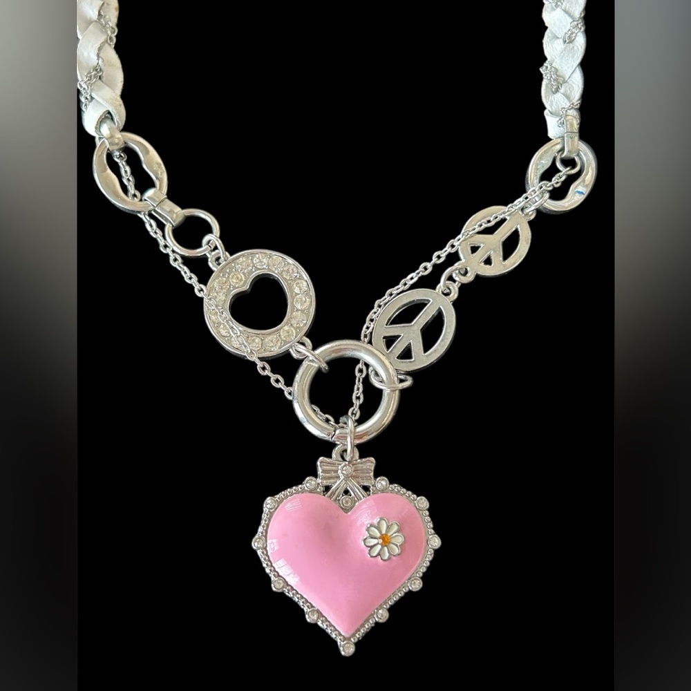 Vintage Retro Mixed Media Hard Rock Cafe Necklace Rhinestones Peace Signs Heart - Picture 2 of 4